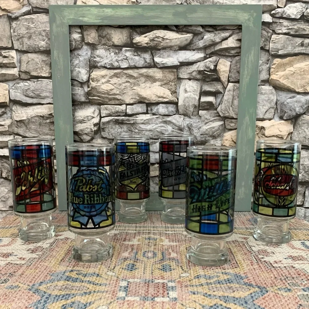 6 Anchor Hocking Beer Glasses Pabst BlackLabel Miller Schaefer Falstaff Schlitz